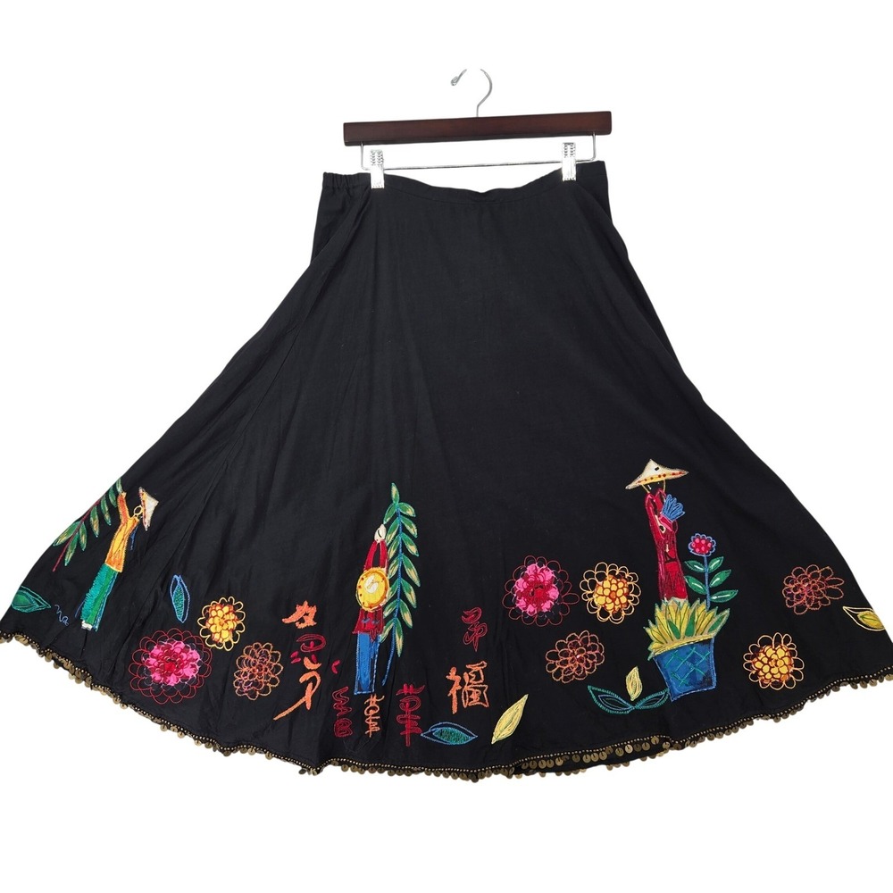 Chico's NWT LARGE‎ Embroidered Folk Art Midi Skirt Womens Boho Coin Trim Black